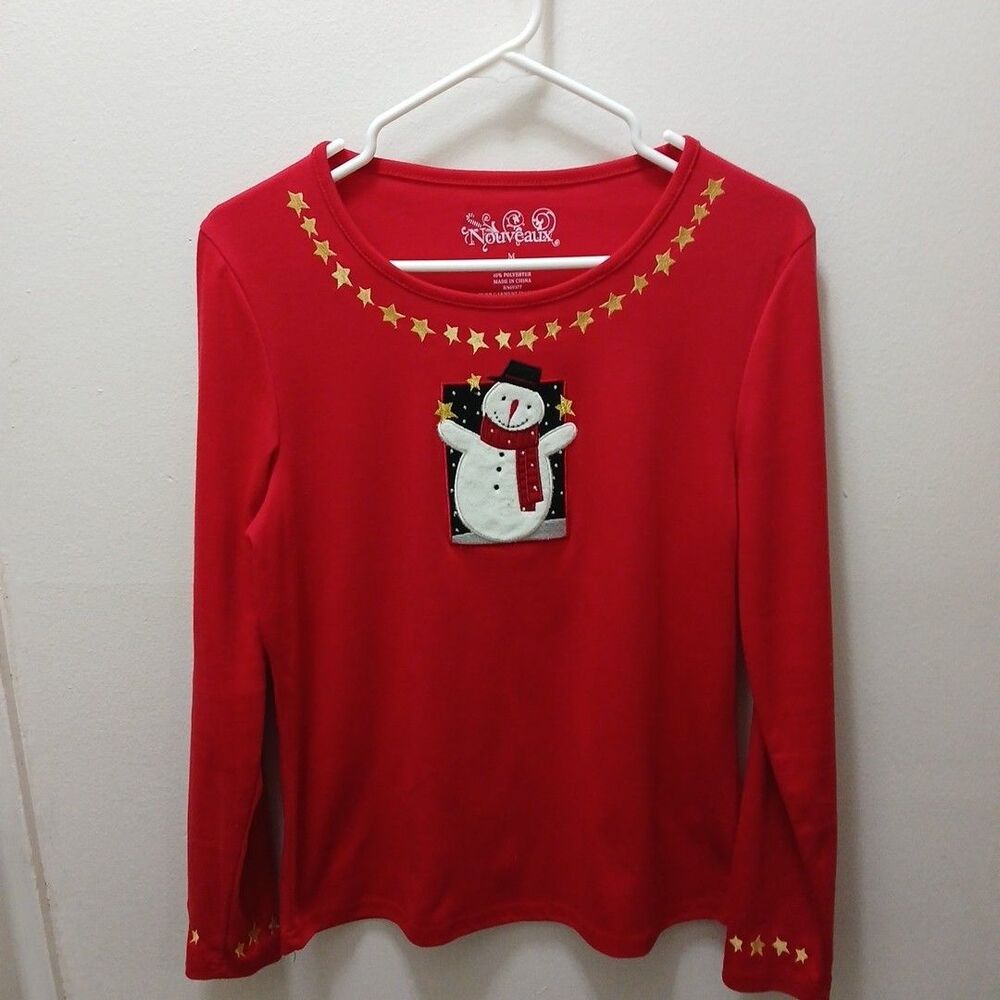 Nouveaux Longsleeve Red Gold Star Neckline Embroidered Snowman Womens-M